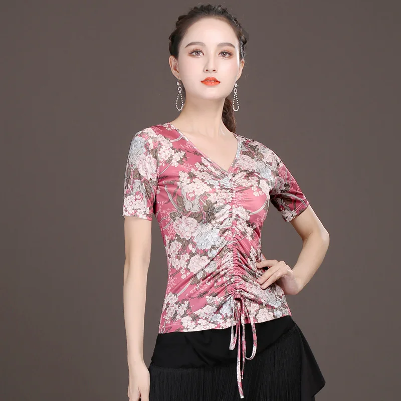 2023 Modern Latin Dance Tops Blouse Female Summer Short Sleeve Pull Rope Training Suit Ice Silk Screen Flower Dancing Costume