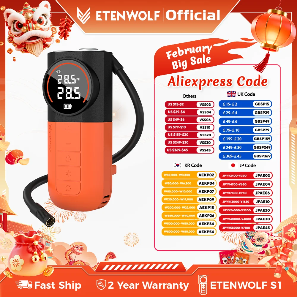 

ETENWOLF S1 Портативный автомобильный насос для накачивания шин 5200 мАч 20 л/мин Автомобильный компрессор для автомобилей Мотоциклы Велосипеды Аксессуары для мотоциклов
