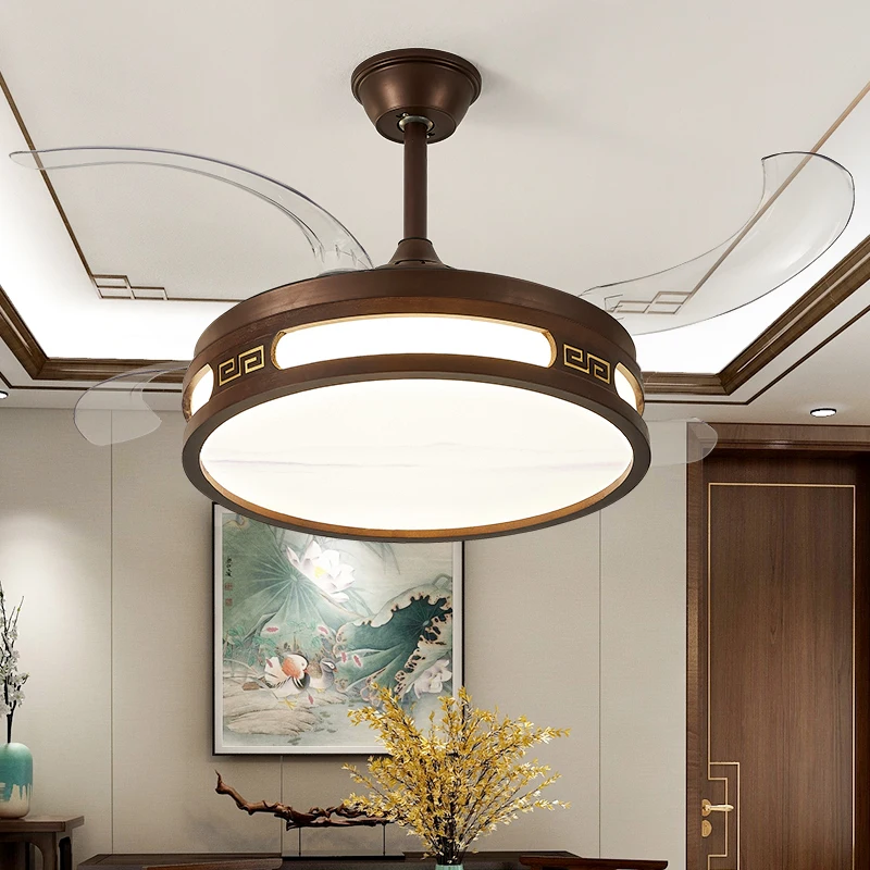 New Chinese Invisible Fan Light Solid Wood LED Lamp 2022 New Walnut Color Living Room Dining Room Chandelier