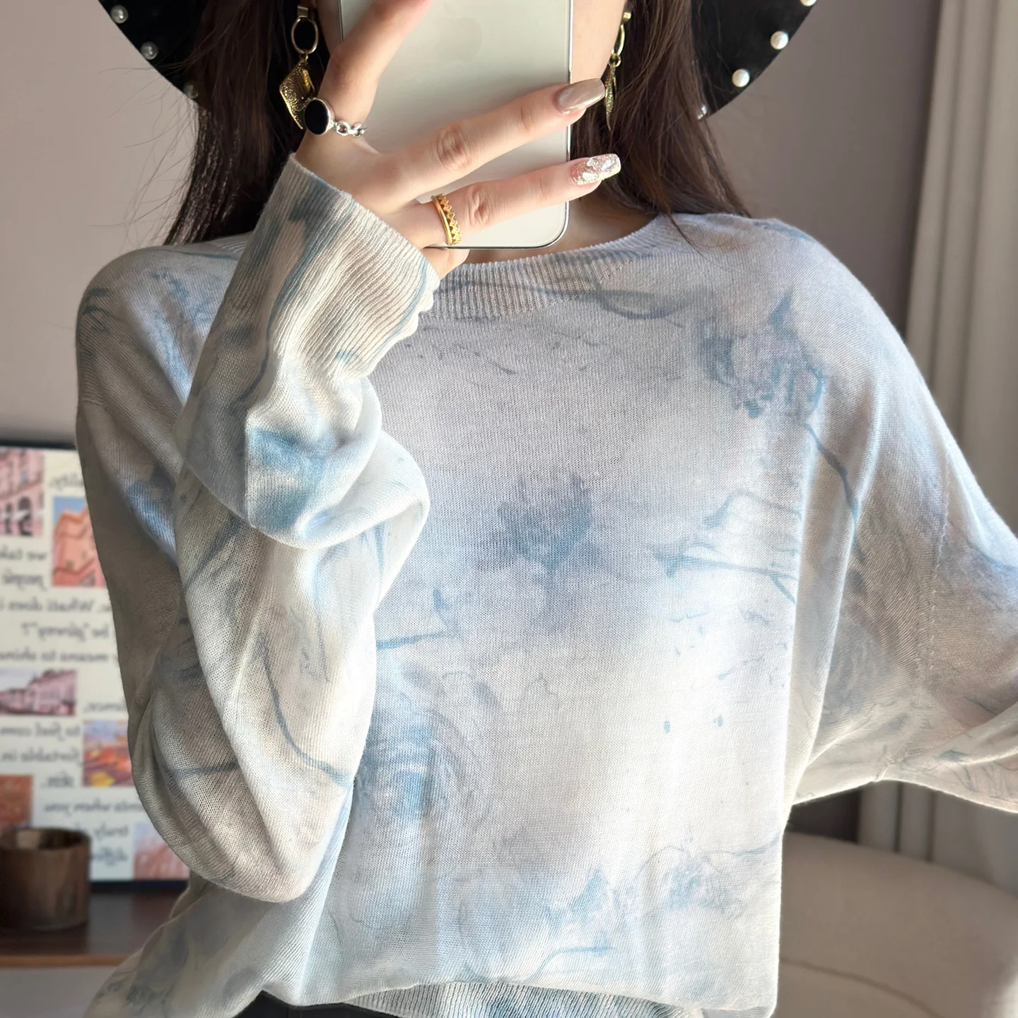 Suéter de lana Soluble en agua para mujer, Top informal de manga larga con cuello redondo y diseño de estampado de Joker, primavera y verano