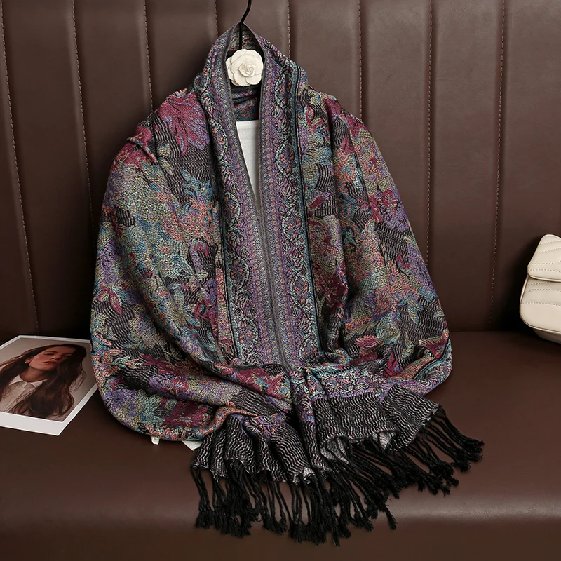 2024 Winter Women Bufanda Jacquard Scarf  Printed coquette fashion Silky Long Shawl Ethnic Fringed Travel Scarves