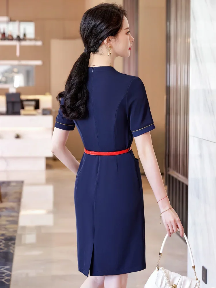 جودة المهن اللباس سيدة الصيف قصيرة الأكمام العمل موحدة المطار فندق مكتب الاستقبال مضيفة صالون تجميل ملابس العمل