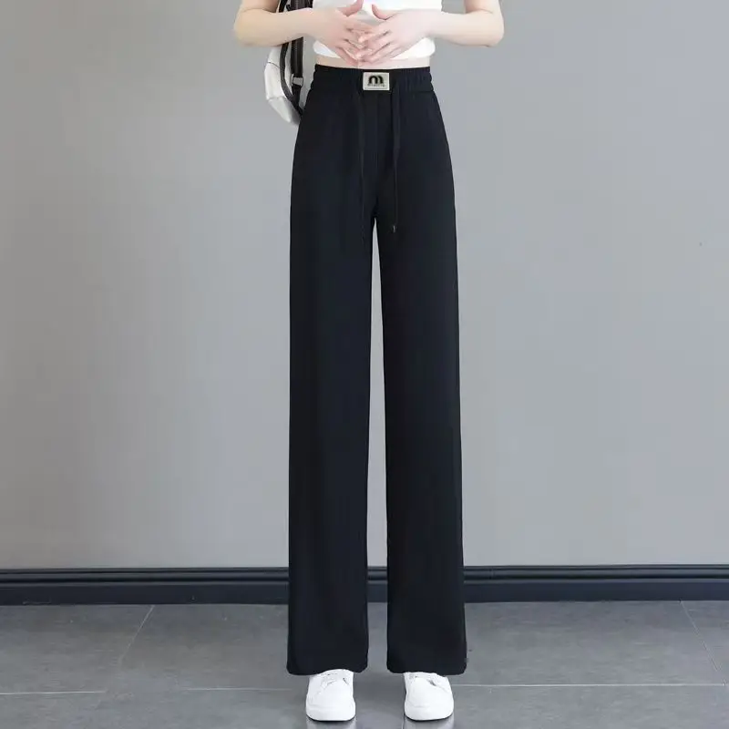 

Womens Drawstring High Waist Wide Leg Pants Button Decor Loose Full Length Casual Straight Trousers