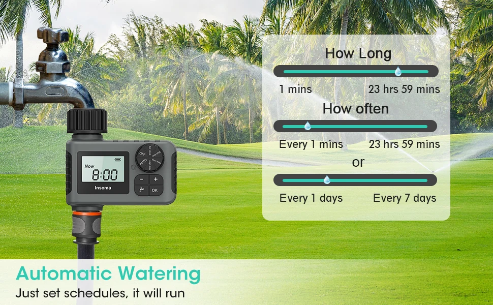 INSOMA Automatic Watering System Smart Garden Irrigation Water Timer with Brass Swivel for Hose Fuacet Outdoor Garden IPX5