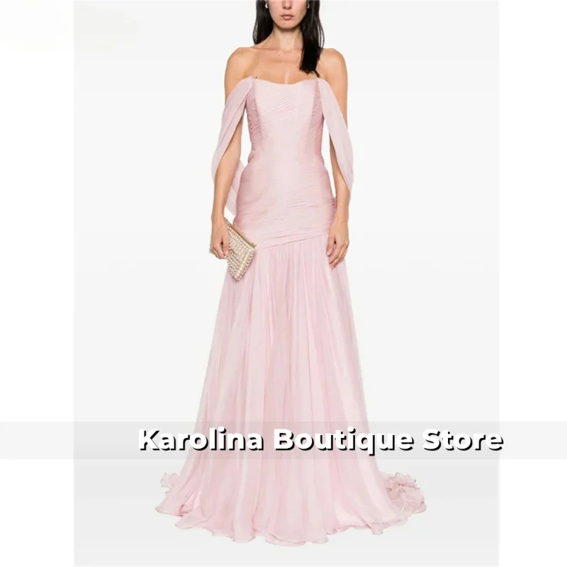 لامعة حورية البحر الوردي قبالة الكتف الطية فساتين طويلة حزب أثواب رسمية للنساء بلا أكمام فستان حفلات بسيط تخصيص
