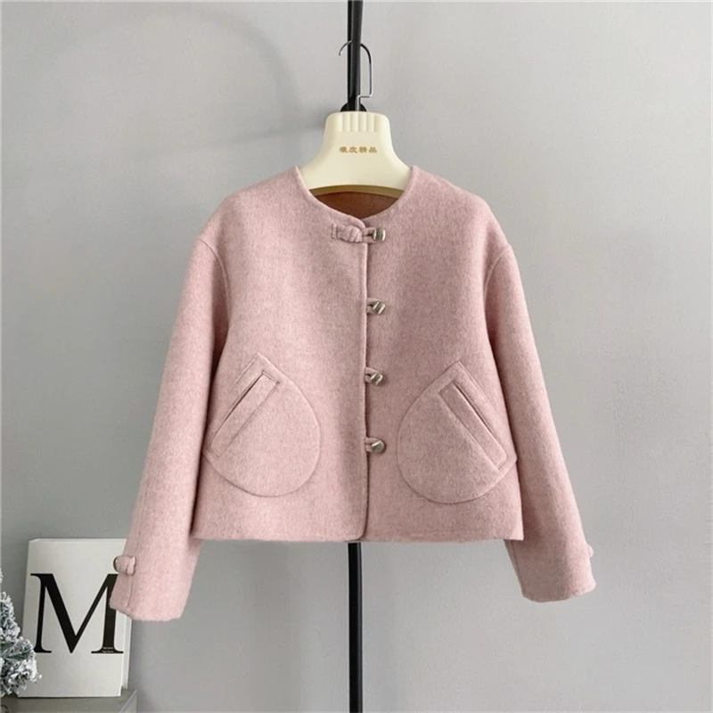 Female Wool Double-sided Tweed External Pockets Short Jacket Round Neck Real Wool Warm Fall and Winter Elegant Coat PT4119