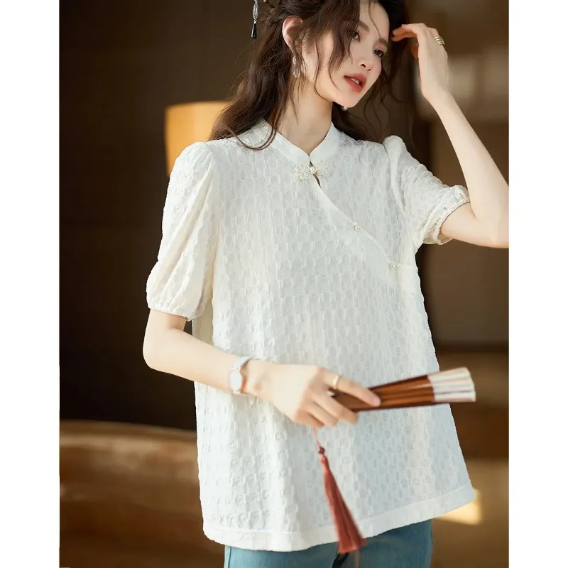 Women's White Cheongsam-Inspired Blouse with Mandarin Collar Frog Buttons Puff Sleeves