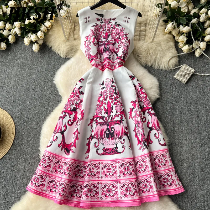 

HKSH Summer New Women Tide Fashion Elegant Printed Formal Dress Waist Cinching Slimming Sleeveless Floral Gown Long Skirt HK5698