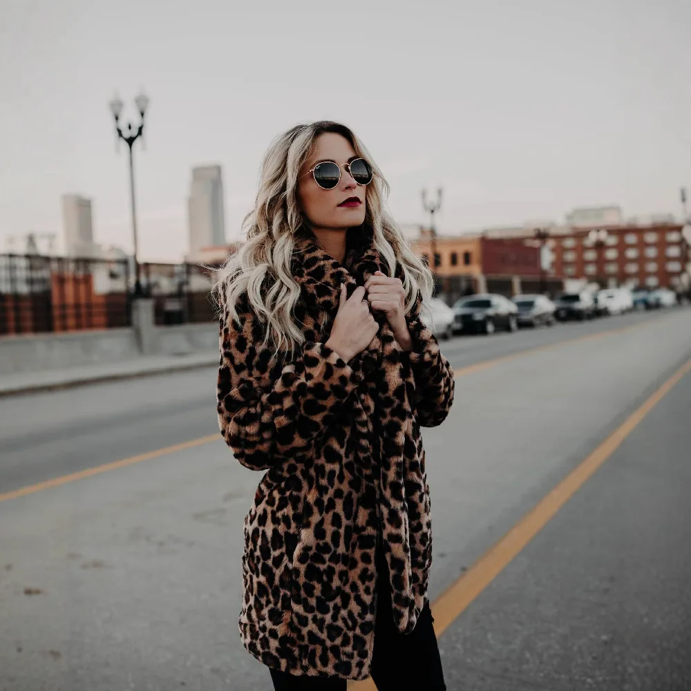 

Long Sleeve Outerwear​ Women's Leopard Print Faux Fur Coat Mid-Length Lapel Collar Ins Style Fashion Trench Coat