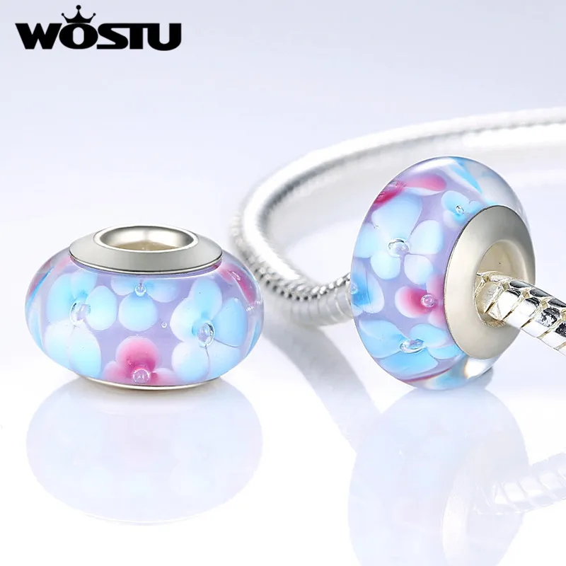 WOSTU Silver Plated Murano Glass Beads Crystal Flower Magical Round Charms Fit Original Bracelet Bangles DIY Jewelry Making 1Pcs