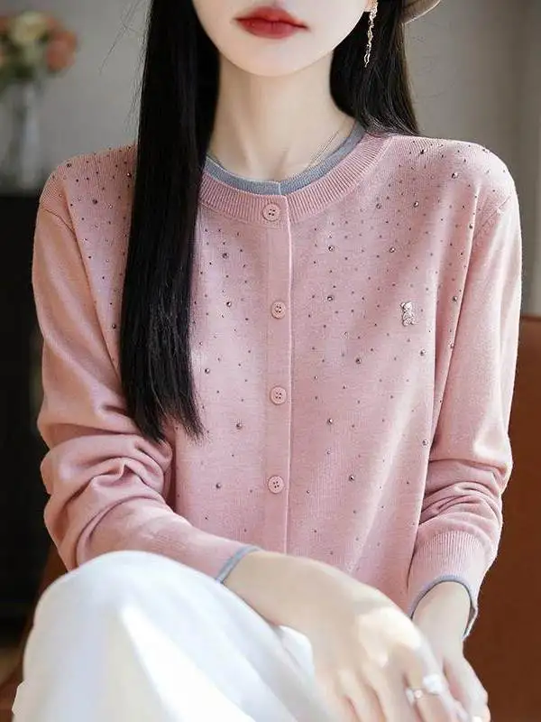 

Diamond Embedded Fine Spun Wool Open Cardigan Women's round Ne Color Blo Knitted Outerwear Loose Bear Sweater