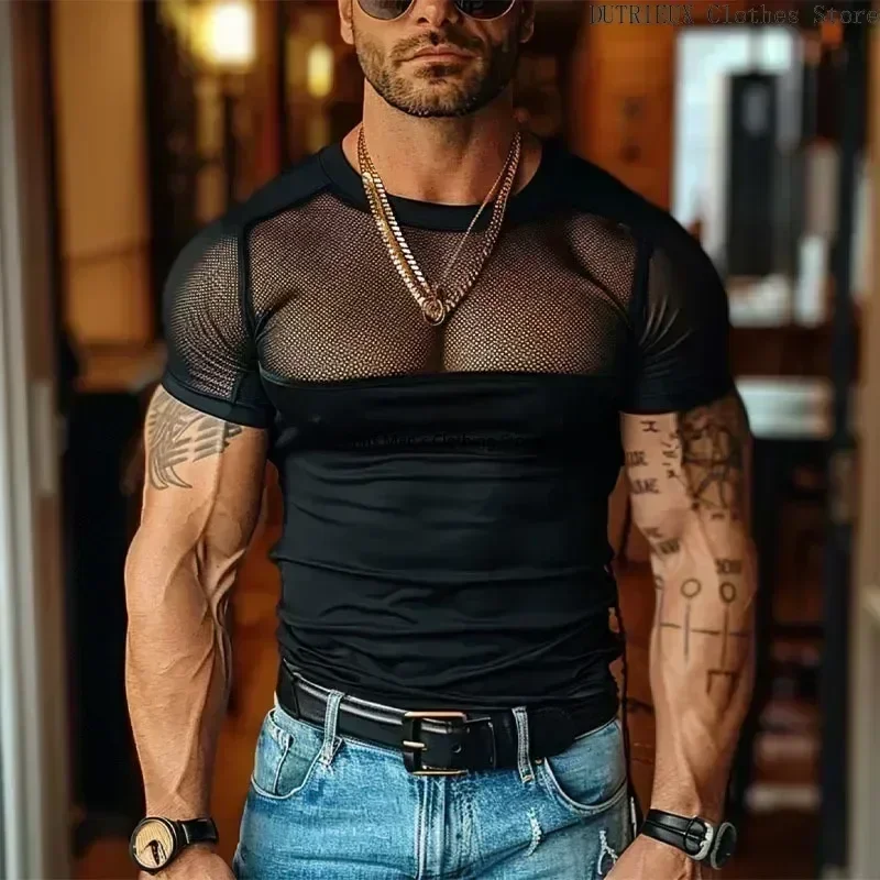 Men\'s High Street Punk Black Vest Sexy See-through Men Sleeveless Tee Fitness Exercise Hollow Vest Mesh Breathable Male Tank Top