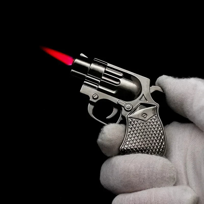 New Cool Mini Pistol Lighter Revolver Gas Inflatable Jet Flame Windproof Lighters Metal Keychain Pendant Lighter Gun Gift No Gas