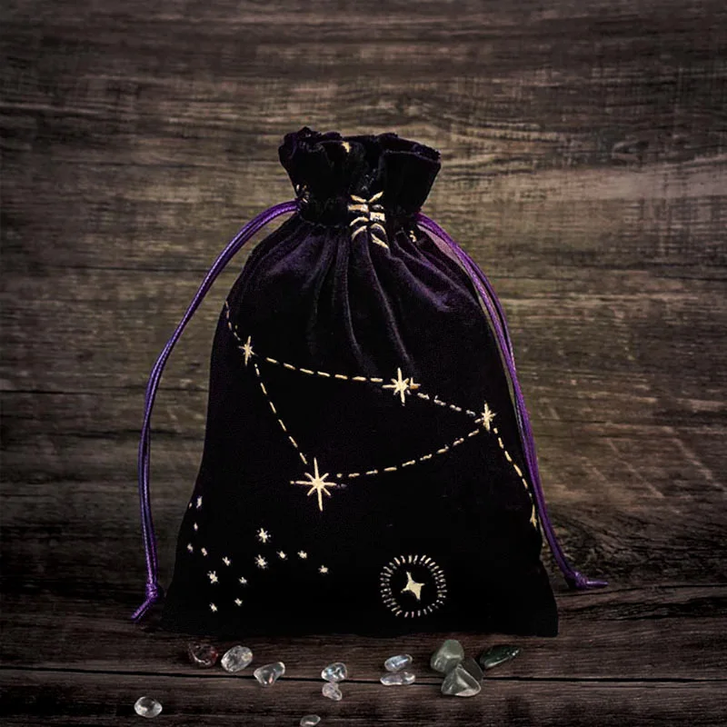 Velvet Tarot Cards Bag Oracle Storage Bag Star Moon Printed Tarot Pouch Purple Rune Dice Crystal Jewelry Bag Multiple Use Pouch