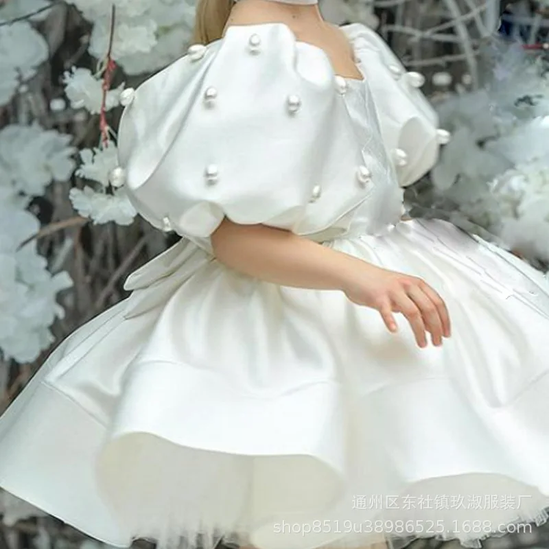 Baby Girls Birthday Dress Kids Elegant Retro Princess Dresses New Fashion Puff Sleeve Pearls Prom Dress for Girl Party Clothing