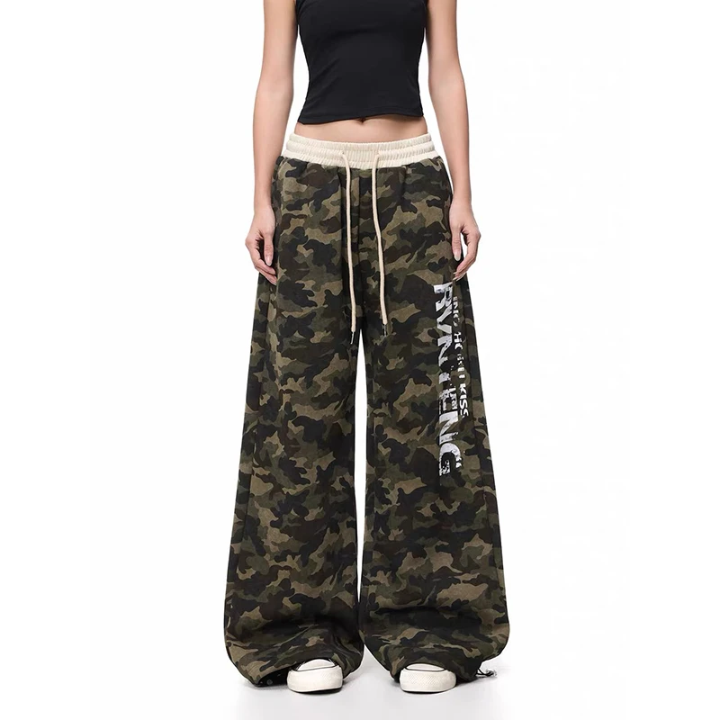 YIBASHU American Retro 90s High Street Letter Printed Camouflage Sports Pants Loose Hip-hop Jazz Dance Camouflage Wide Leg Pants