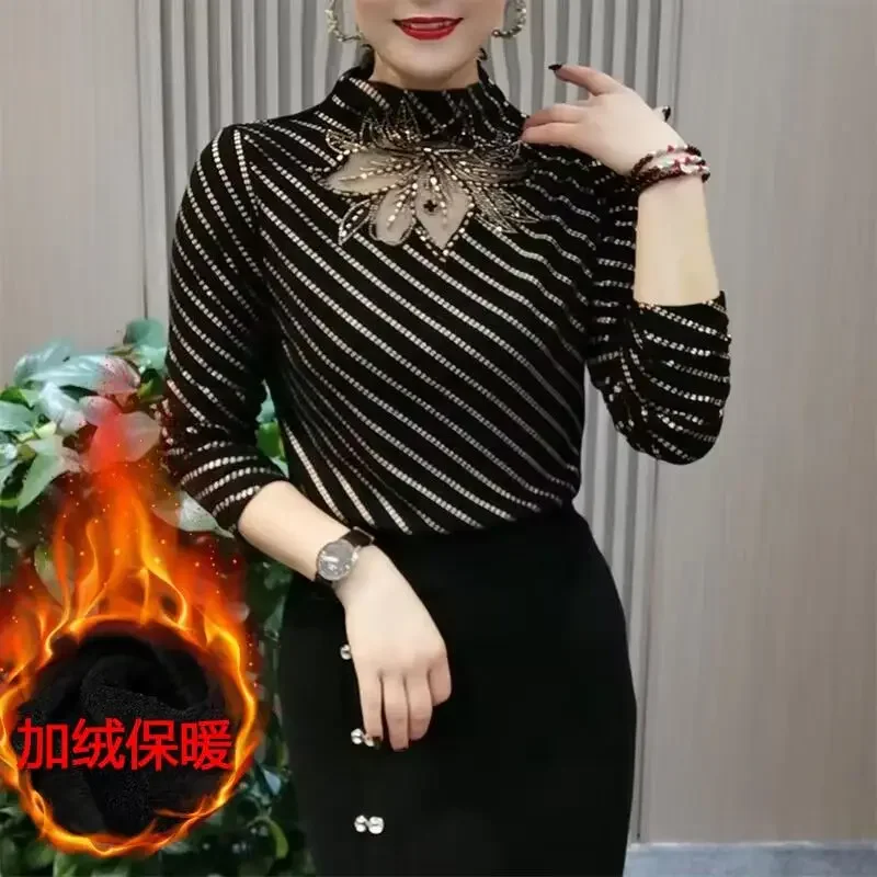 

Women Autumn Winter Bottoming Shirt Constant Temperature Hot Drilling Long-sleeved T-shirt Thin Hollow Out Flocking Top T385