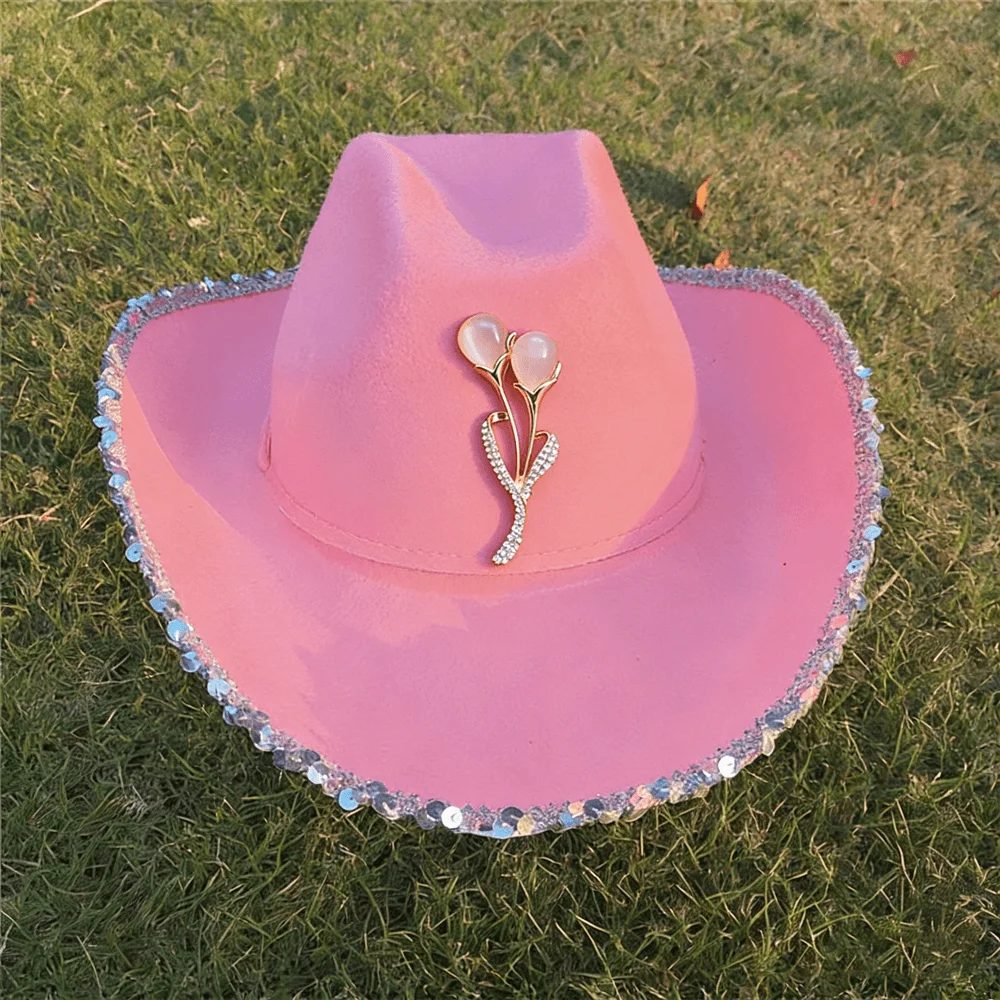

Pink Cowboy Hat with Sequin Trim & Crystal Brooch Girls Western Felt Hat for Bachelorette, Festival & Costume Events