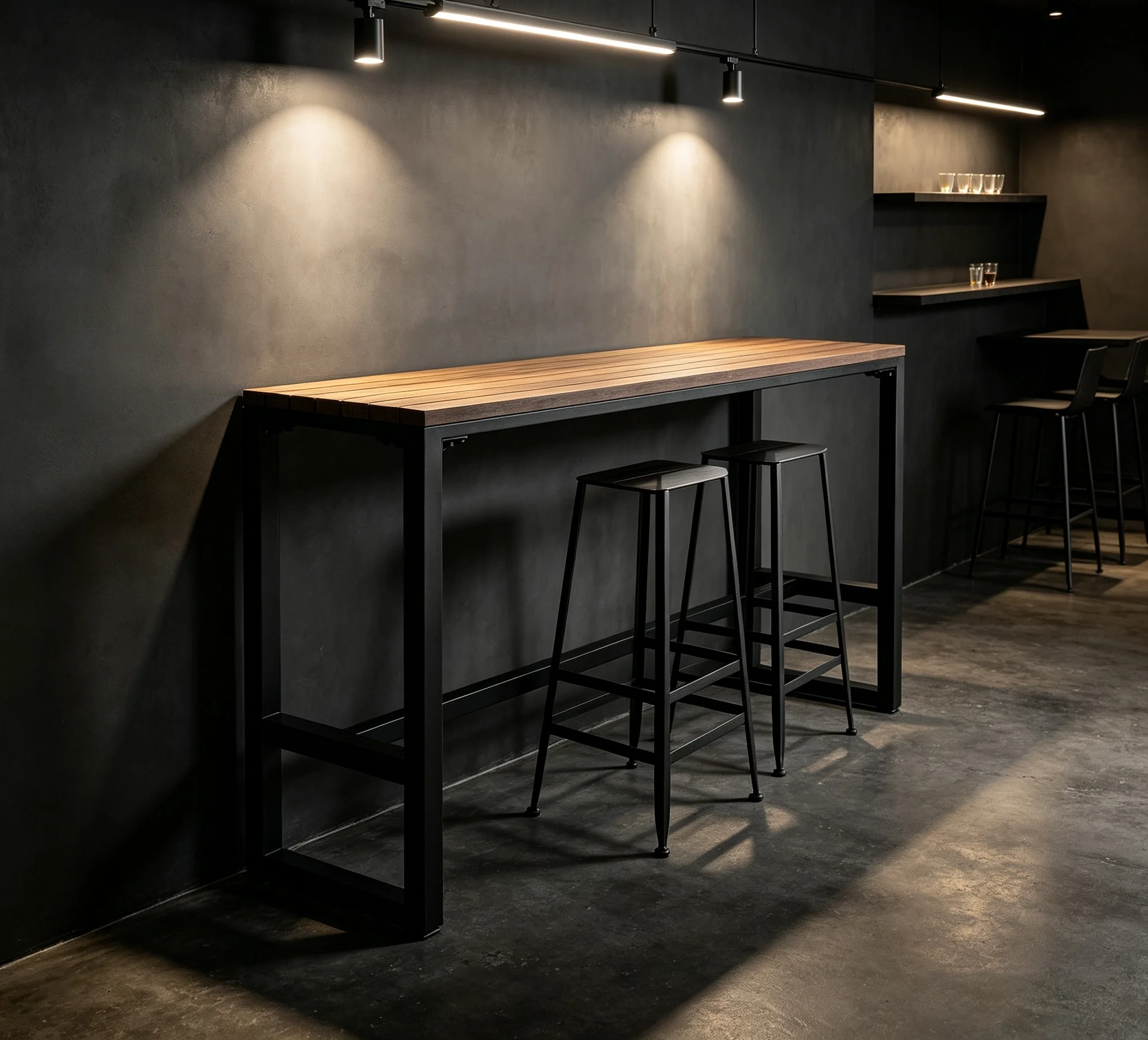 Industrial Bar Height Console Table Black Metal Frame Wood-Slat Tabletop For Wine Cellar Patio Cafe Restaurant Balcony Table