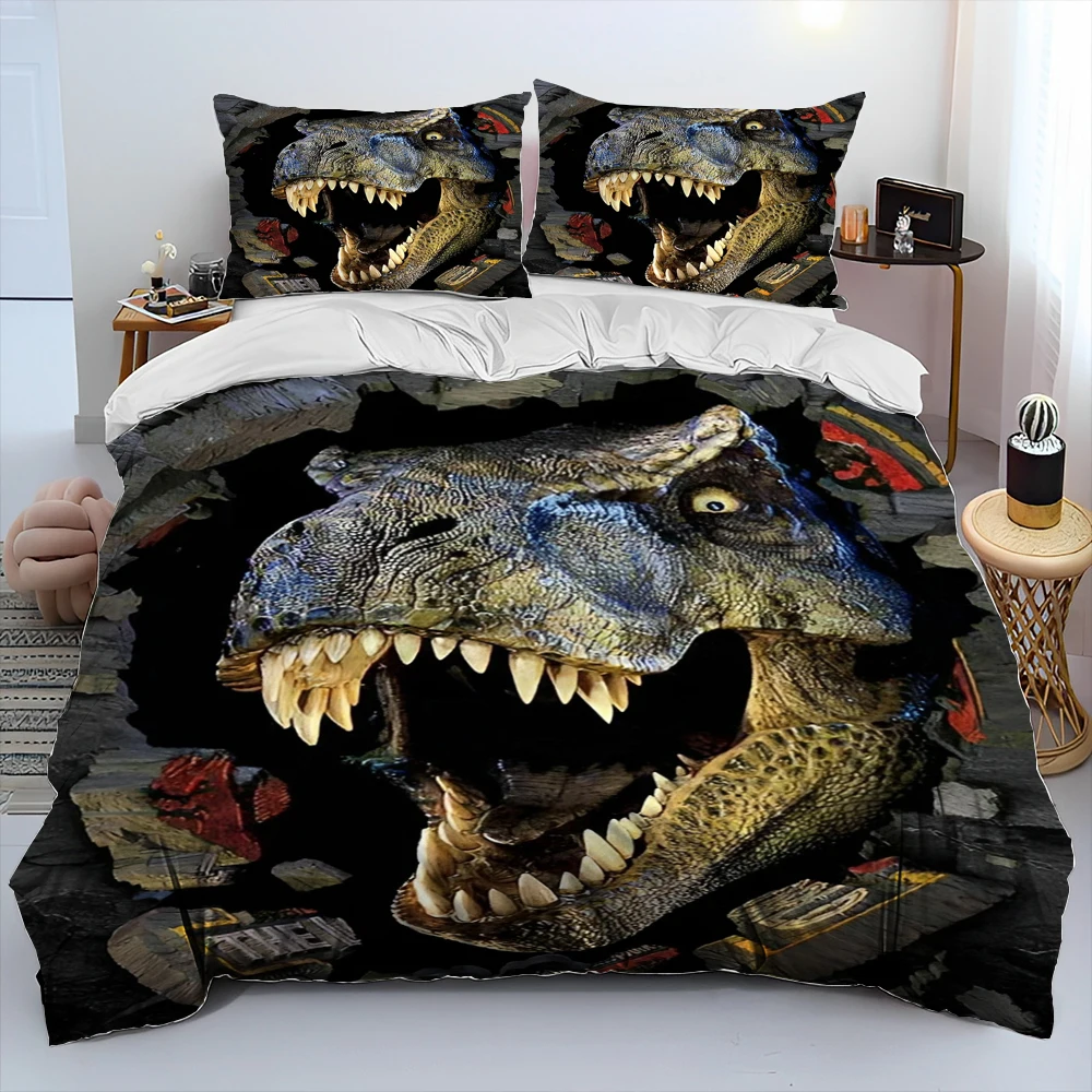 3D Illusion Dinosaur Cartoon Comforter Bedding Set,Duvet Cover Bed Set Quilt Cover Pillowcase,King Queen Size Bedding Set Child