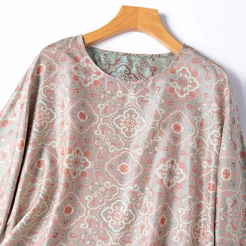 Double Sided Chinese Style 100% Natural Mulberry Silk Jacquard Shu Brocade Loose Round Neck Three-quarter Sleeve Shirt