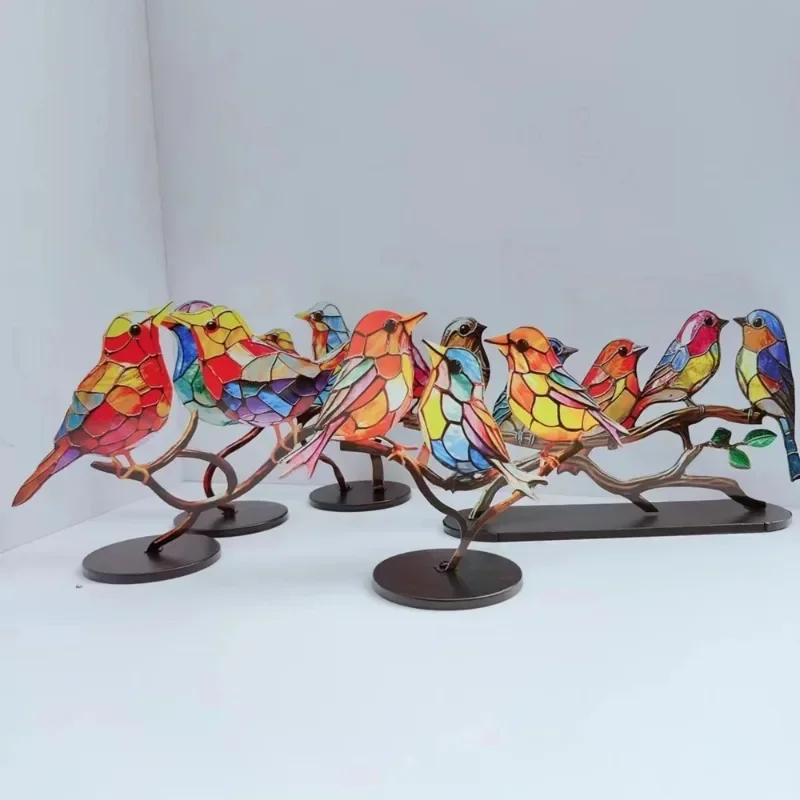 Stained Glass Birds On Branch Desktop Ornaments Double Sided Multicolor Birds Alloy Ornaments Bird Series Acrylic Decorations
