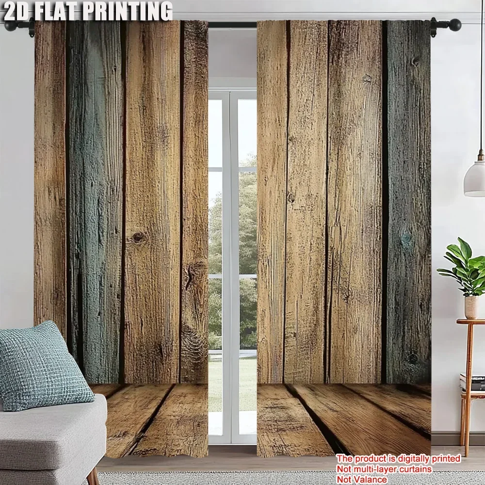 2Pcs Rustic Brown Wood Printed Window Curtain Modern Rod Pocket Curtains For Living Room Privacy Easy Machine Washable Stylish