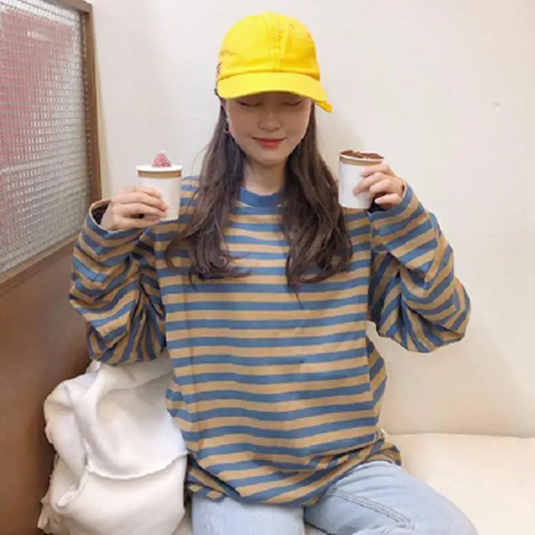 Loose Long Sleeve T-Shirt Striped Base Layer Hoodie Student Summer Fashion Linen Material Print Craft Female Clothing