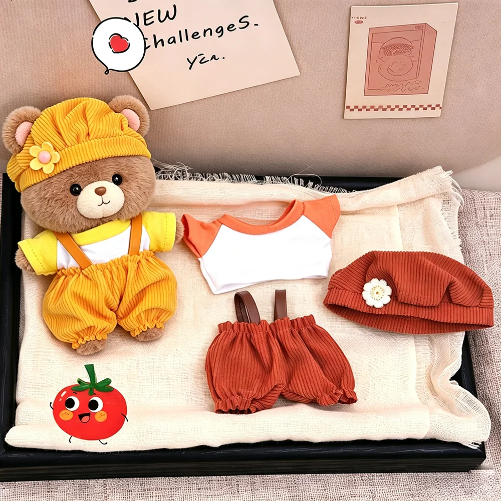 Cute Bear Doll Clothes 3Pcs Set Corduroy Hat T-shirt Overalls Cartoon Doll Outfit Dress Up Accessories For 17cm Plush Doll