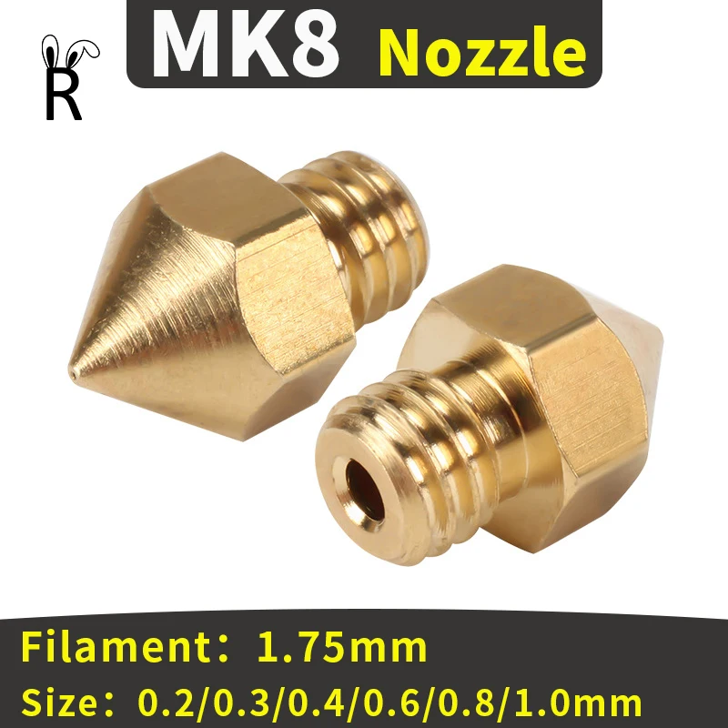 

MK8 Nozzle Extrusion Print Head 1.75mm Filament 0.2/0.3/0.4/0.5/0.6/0.8/1.0mm CR10S Ender-3 Brass M6 Threaded 3D Printer Nozzle