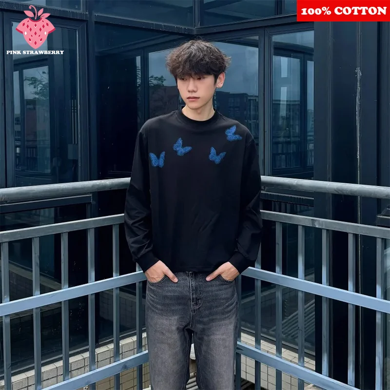 

Blue Butterfly Print T-shirt Men 2025 Autumn New 100% Cotton Black Casual Loose Long sleeves O-Neck T-shirt Y2k Top Men clothing