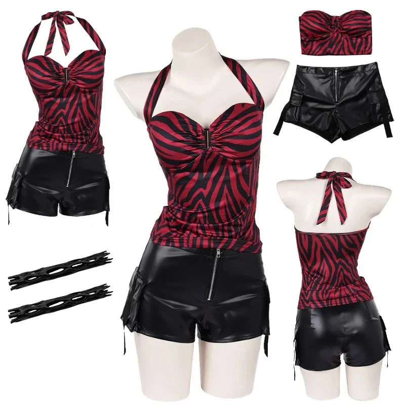 Costume de Cosplay Obsession Nikki, haut à bretelles zébré, short cargo en similicuir, streetwear punk, Halloween, carnaval 5YIB54