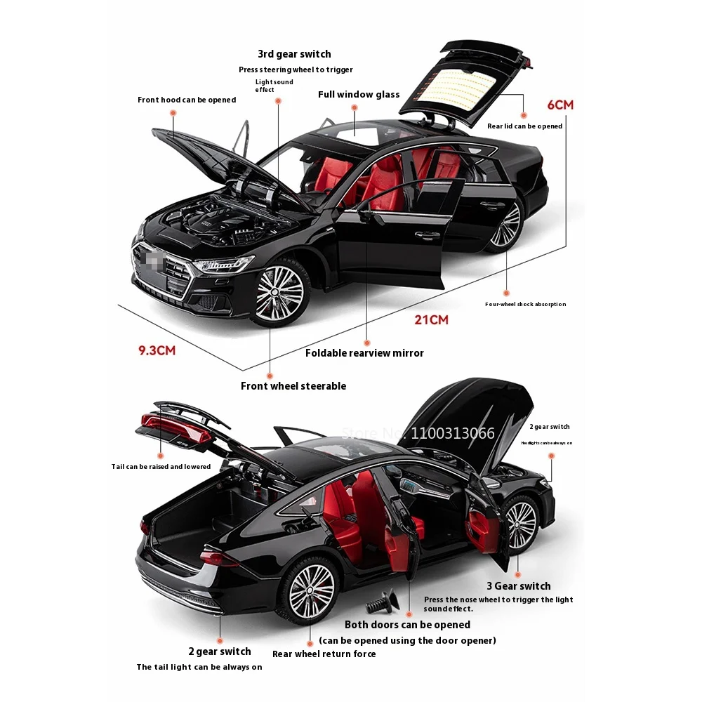 Modèle réduit de voiture de sport A7 à l'échelle 1/24, véhicule à nervures arrière avec lumière et son, jouet de collection, idée cadeau pour petit ami