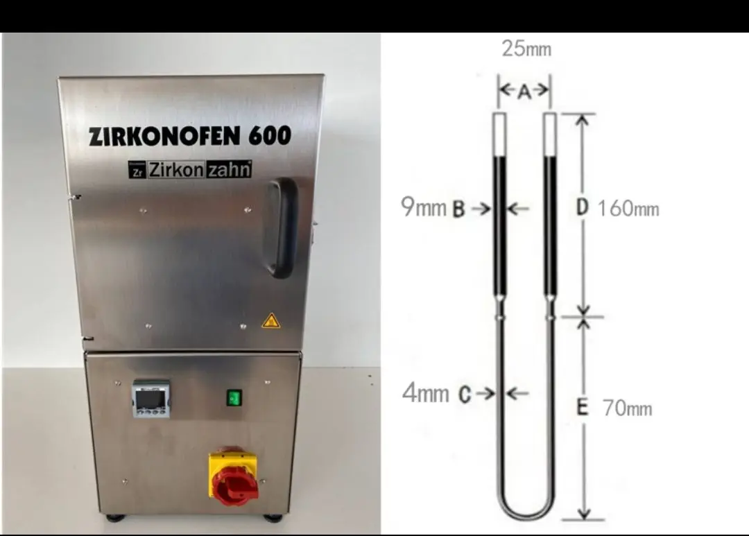 Elemento de aquecimento MoSi2 para uso em laboratório odontológico, forno, compatível com Ivoclar S1 S2 e Zirkonzahn 600, 1800 ℃