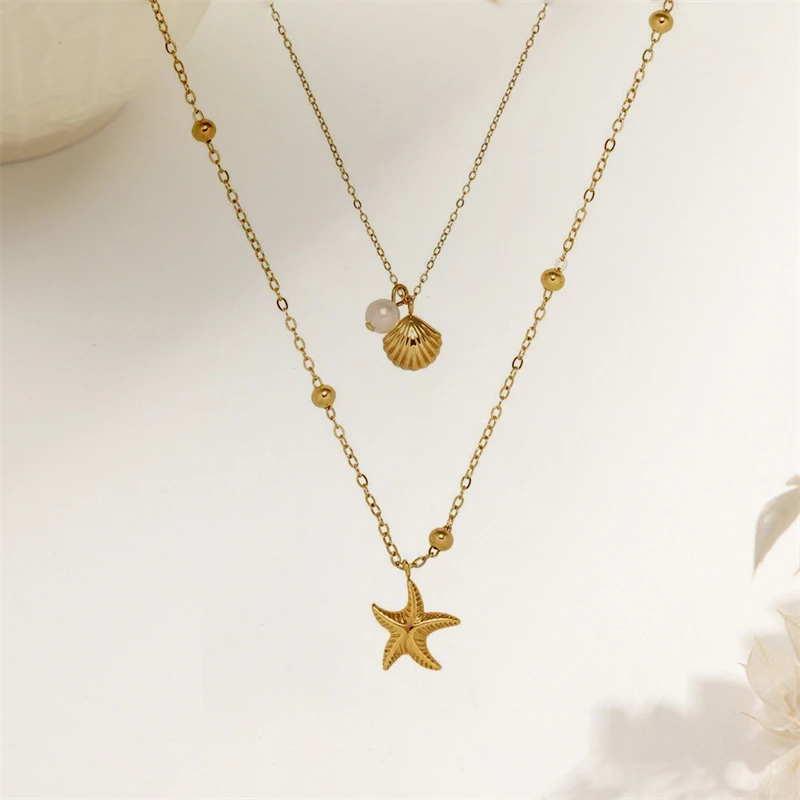 316L الفولاذ المقاوم للصدأ الاتجاه الجديد 18K مجوهرات مطلية بالذهب 2-Layer الإسكالوب نجم البحر اللؤلؤ الديكور المرأة سلسلة سحرية المختنق قلادة #4