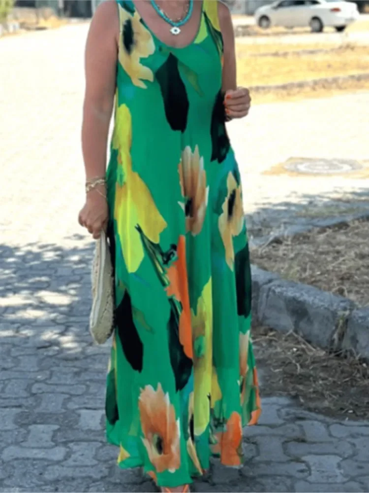 여성을위한 우아한 맥시 드레스 민소매 U 넥 꽃 프린트 느슨한 허리 롱 드레스 여성 캐주얼 패션 숙녀 드레스 여름