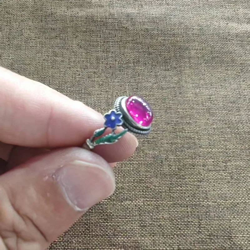 Unisex Retro Blue‑Green‑Floral‑Enamel Adjustable Ring Color‑Shifting Round Imitation Pink Gem Boho Ethnic Finger Jewelry