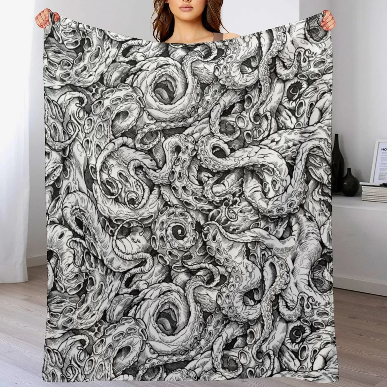 Tentacles of Cthulhu (B / W) Throw Blanket Cozy Home Blanket Gift for Christmas Holiday