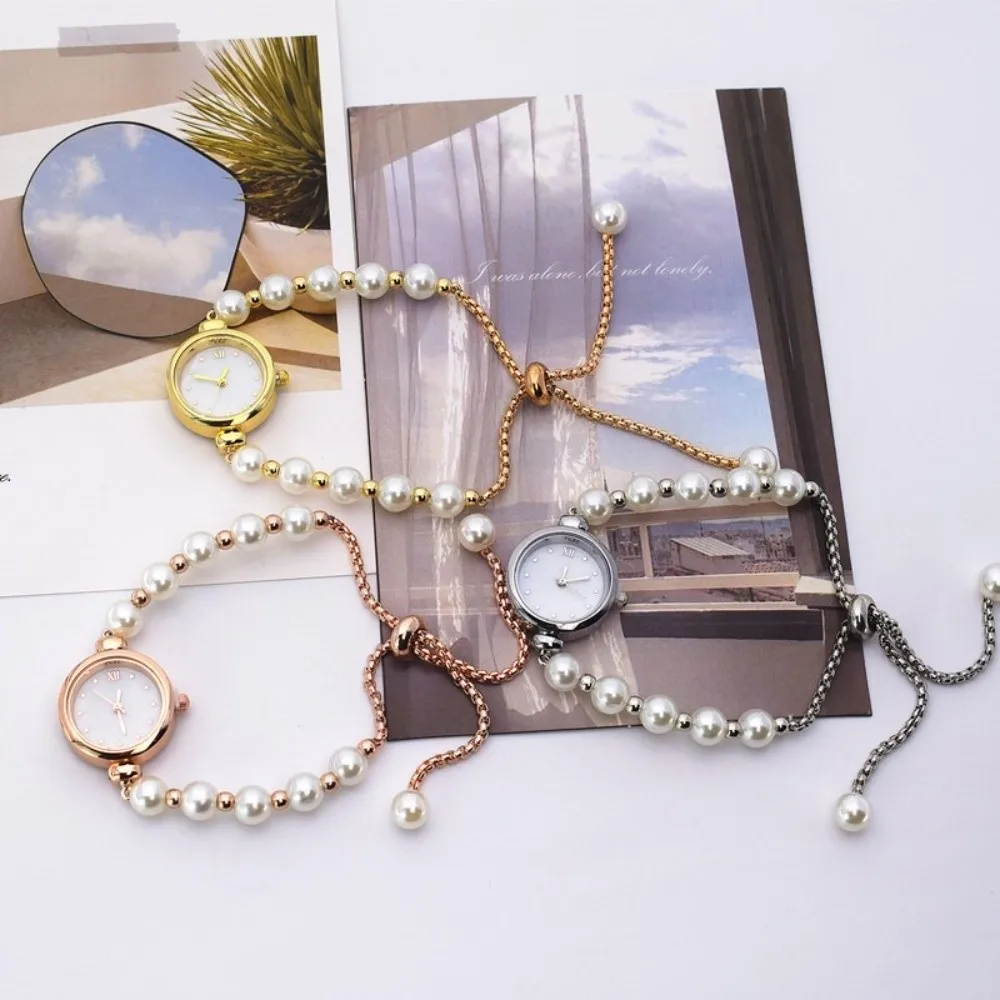 Round Dial Pearl Bracelet Watch Adjustable Drawstring Chain Elegant Women Quartz Watch Roman Numeral Delicate Small Dial Watch