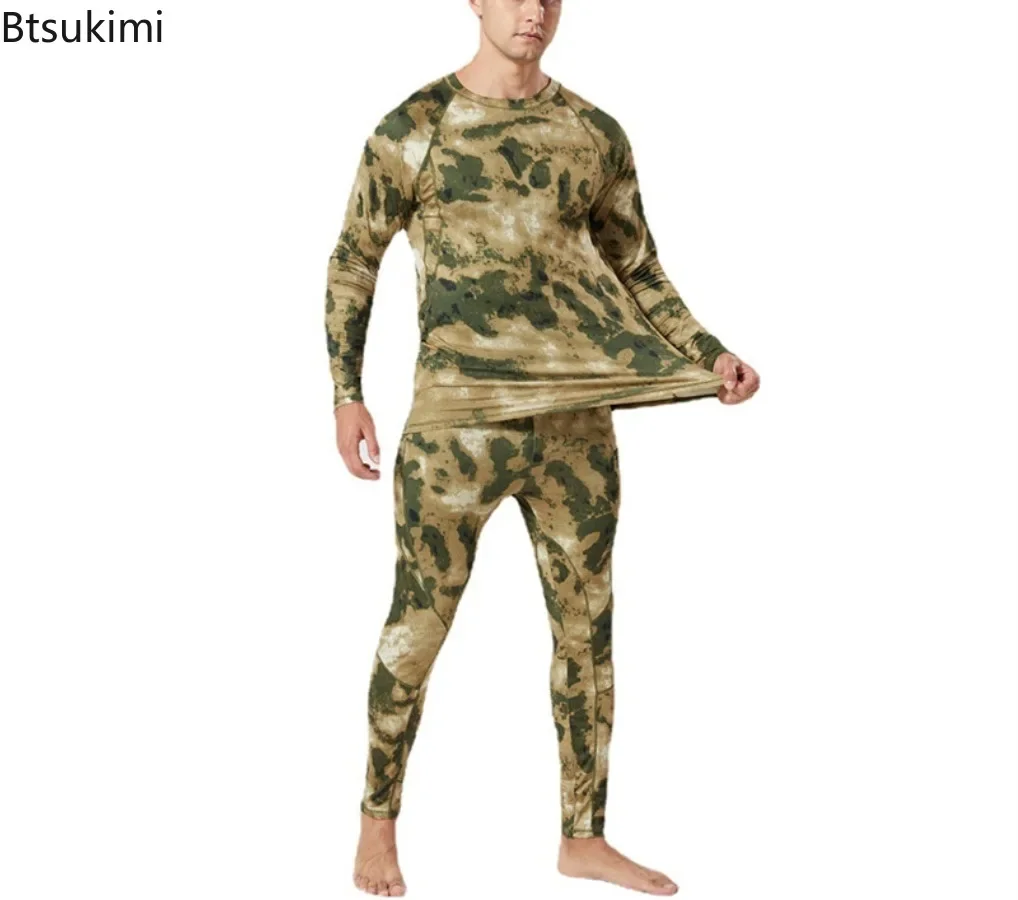 Ropa interior térmica de corte 3D para hombre, conjunto de Tops y pantalones de camuflaje del ejército, forro polar transpirable para exteriores, secado rápido, 2024