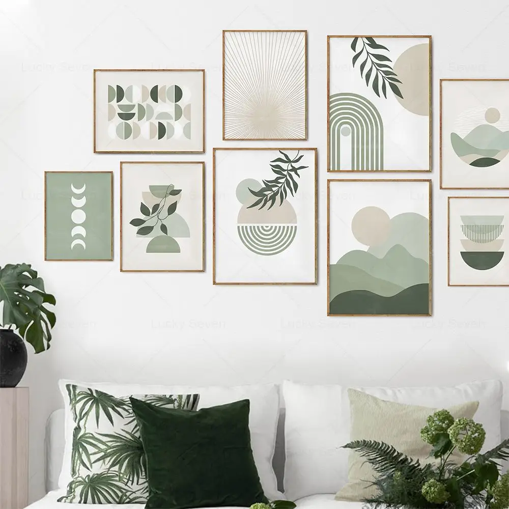 Pósteres geométricos abstractos De color verde salvia, sol, Luna, hoja, pintura en lienzo, imágenes artísticas De pared impresas, sala De estar, Interior De hogar