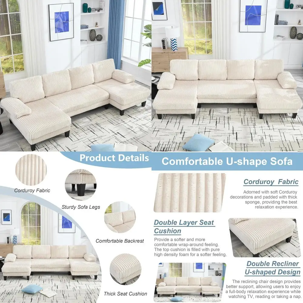 Sofá secional conversível em forma de U com espreguiçadeira dupla, estofamento de veludo, almofada dupla para sala de estar Cloud Comfort