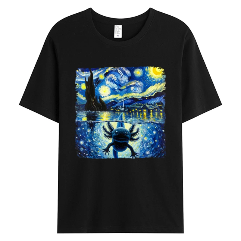 

Graphic Tee Shirts Axolotls Starry Night Outfit Van Gogh Axolotl Animal Men's Cotton Fabric T-shirt Lover Day Hot Sell T-Shirts