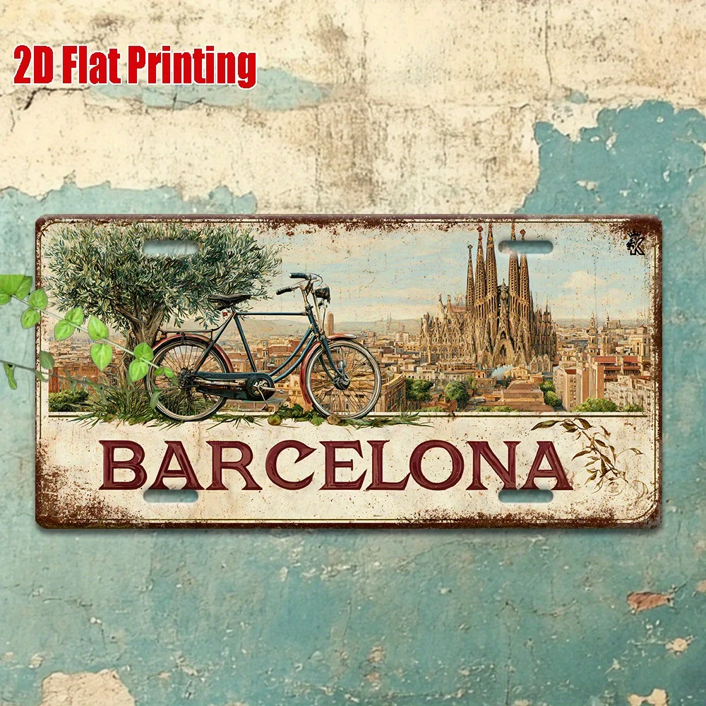 Placa de Matrícula Metálica Vintage 2D Plana de 1 Pieza, Letrero de Aluminio de Barcelona con Diseño de la Sagrada Familia y Bicicleta, Perfecto para el Hogar