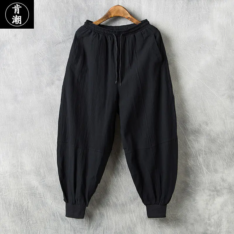 

Summer Men's Casual Cotton Linen Harlan Pants Loose Wide Leg Carrot Sle Trousers Trendy Loose Fit Long Pants Pure Color