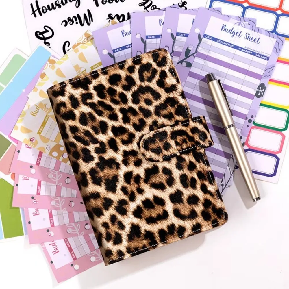 PU Leather Savings Plan Book A6 Leopard Print Cover Clip-on Journal Notebook 6-Ring Binder Multiple Pockets and Slots