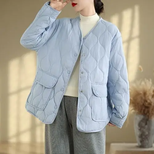 

2026 Spring and Autumn Women's Down Cotton Jacket Loose Round Neck Casual Jacket