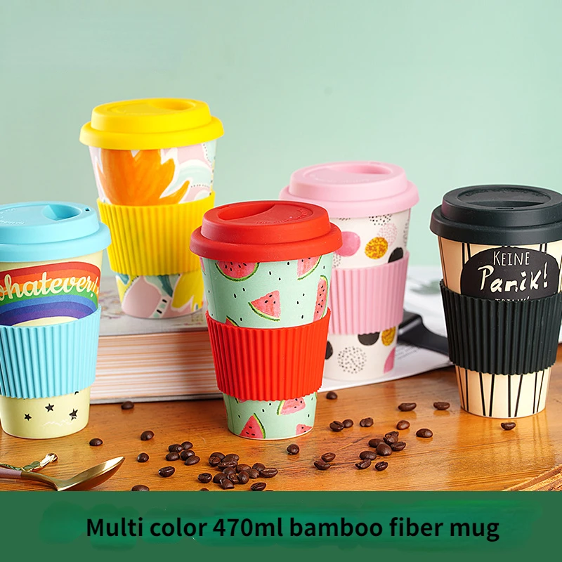 Bamboo Fiber Coffee Cup with Silicone Lid, Biodegradable Breakfast Milk Sticker Cups, Couple Cup, Birthday Gift Kawaii Cup