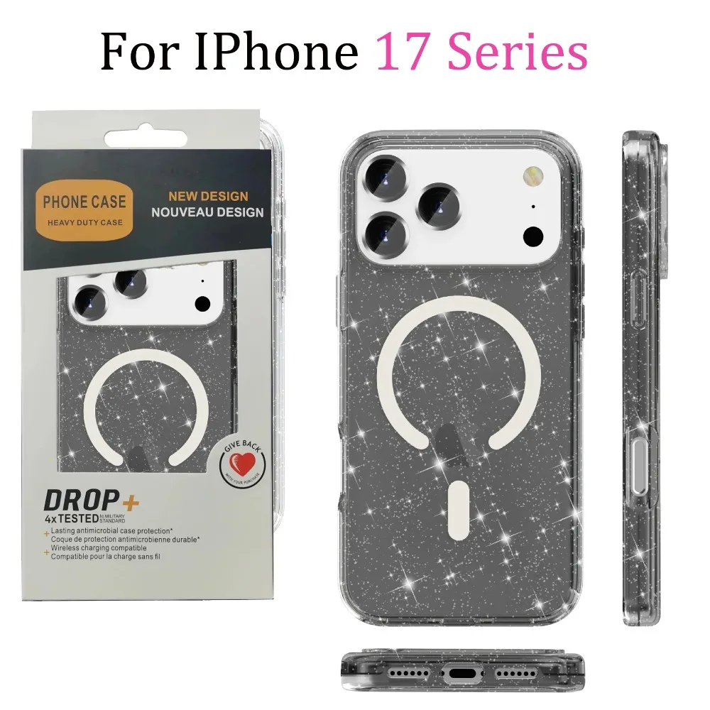 Funda de teléfono con armadura de carga magnética de PC + TPU con purpurina de lujo para IPhone 17 Air 16 15 14 Plus 13 12 Pro Max, funda trasera con amortiguador anticaída