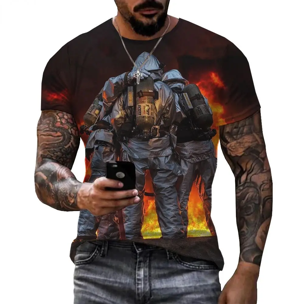 Summer Men\'s 3d Printed Firefighter Hero Soldier Graphic T-Shirt Fashion Casual Harajuku O-Collar Short-Sleeved Plus-Size Top